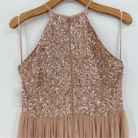 Maya Deluxe Fairy Tulle Sequin Embellished Halter Neck Maxi Dress Taupe Blush 8 - Picture 14 of 14